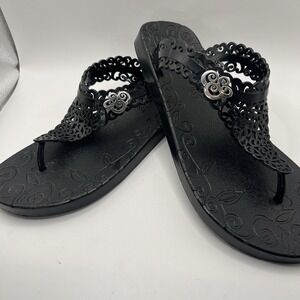 Brighton Women's 10 Flip Flops Black Plastic Silver Swirl Accent